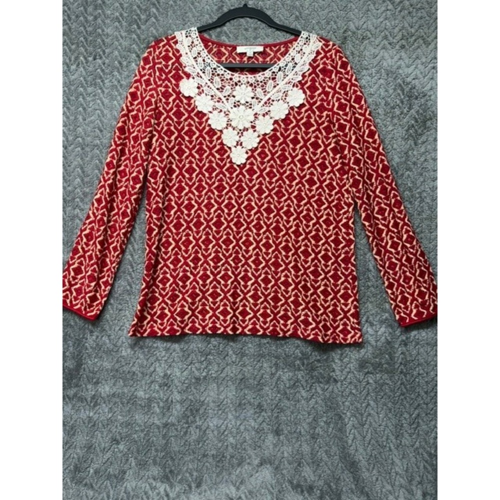 Umgee USA Red Cream Geometric Crochet Lace Bib Long Sleeve Top A4670 Medium 0720